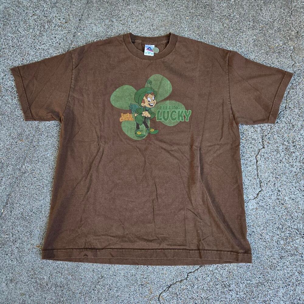Vtg Y2k LUCKY CHARMS Feelin Lucky Shamrock Cartoon Graphic Cereal T Shirt XL
